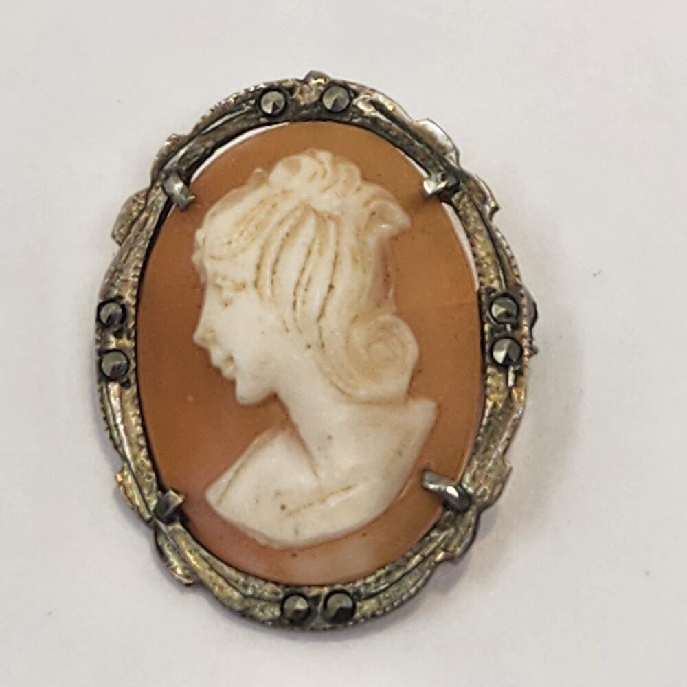 Antique 800 Silver Frame Hand Carved Shell Cameo Brooch Pendant  Combo Marcasite